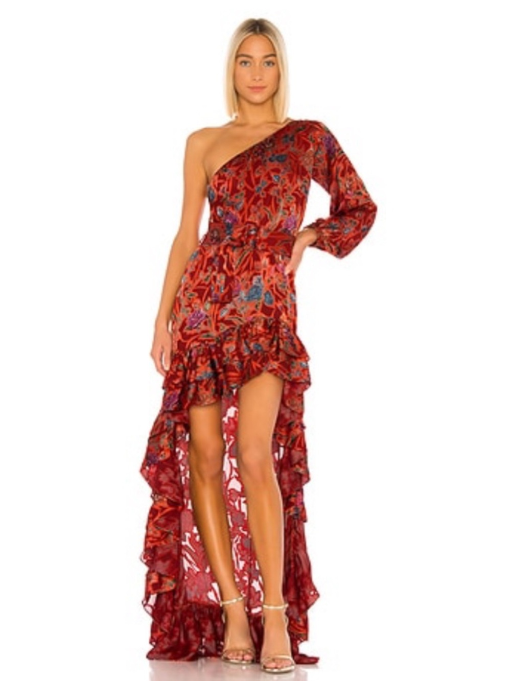 Alexis Marseille One-Shoulder Red Floral High-Low Gown-no belt flaw from hanger
